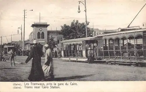 A992 Ägypten Straßenbahnen bei Bahnhof Kairo Vintage Postkarte