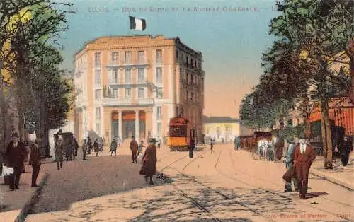 Tunesien Tunis Rue de Rome et Societe Generale Straßenbahn Vintage Postkarte