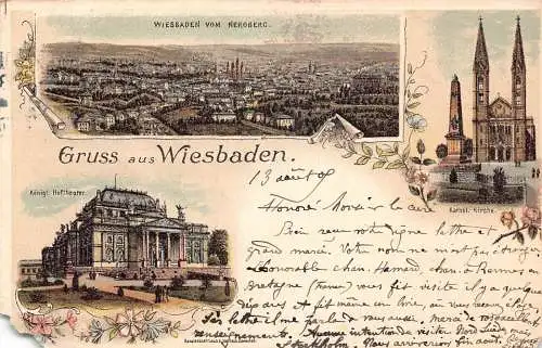 Deutschland 1905 Gruss aus Wiesbaden Hoftheater Kirche Blumen Litho Postkarte