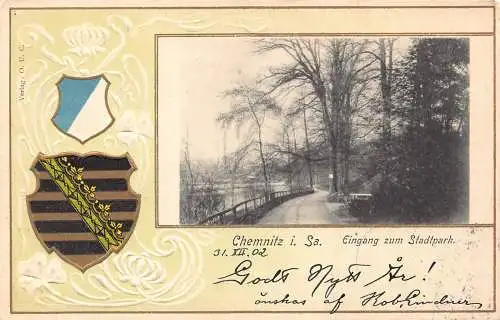 Deutschland 1902 Chemnitz i Sa Eingang zum Stadtpark Wappen geprägte Postkarte