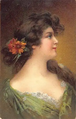 A197 Schöne Frau 1907 Posiert Profil Blumen im Haar Vintage Postkarte