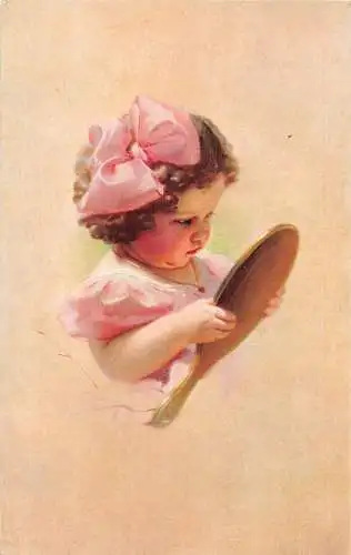L126 Kleines Mädchen schaut in den Spiegel Künstler signierte Vintage Postkarte