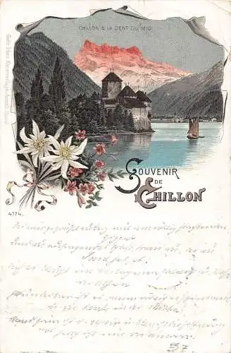 A197 Schweiz 1899 Souvenir de Chillon Edelweiss La Dent du Mid Postkarte