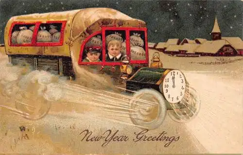L292 Neujahrsgrüße Kinder LKW KFZ Geldsäcke Uhr Glück Postkarte