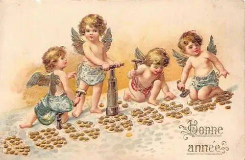 L293 Neujahrsgrüße 1906 Cherubs Gold Geld Kleeblatt Glück Postkarte
