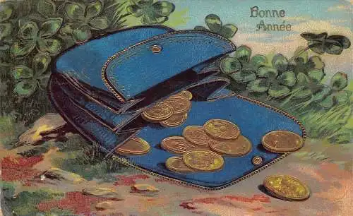 L292 Neujahrsgrüße 1909 Geldbörse Goldmünzen Kleeblatt Glück Postkarte
