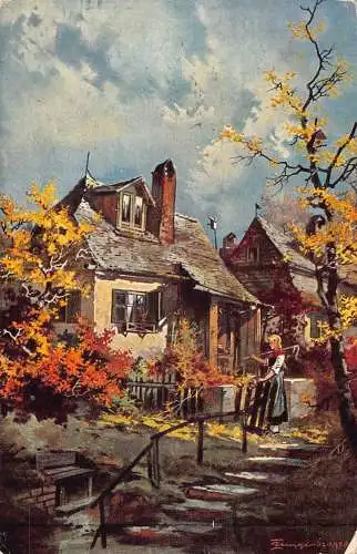 A197 Deutschland 1910 Dorf Landschaft Häuser Frau Bauer Vintage Postkarte