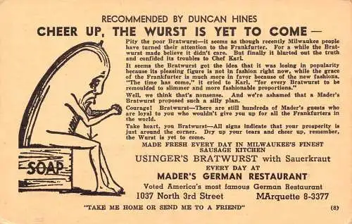 L292 Werbung Mader's German Restaurant Milwaukee Comic Humor Postkarte