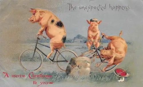 L292 Weihnachtsgrüße 1906 Humanisierte Schweine auf Fahrrädern Comic Humor Postkarte