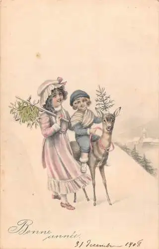 L126 Neujahrsgrüße 1908 Kinder reiten Hirsch Mistel Postkarte