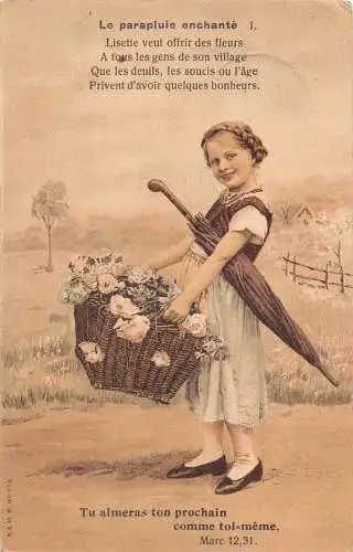 L126 Grüße Mädchen mit Regenschirm Rosen Korb 1910 Vintage Postkarte