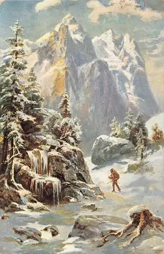 A198 Winterlandschaft 1911 Bergsteiger Felsen Schnee Kiefer Berg Postkarte