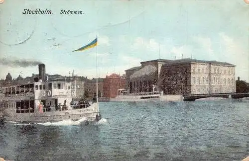A225 Schweden 1907 Stockholm Stroemmen Dampfschiffe Flaggen Vintage Postkarte