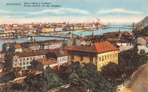 A226 Ungarn Budapest Donau Fluss Blick und Brücken Vintage Postkarte