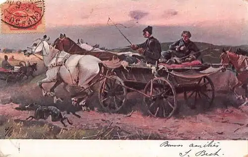 A036 Russland 1906 Pferdekutsche Karre reitend Bauern Künstlerkarte Postkarte