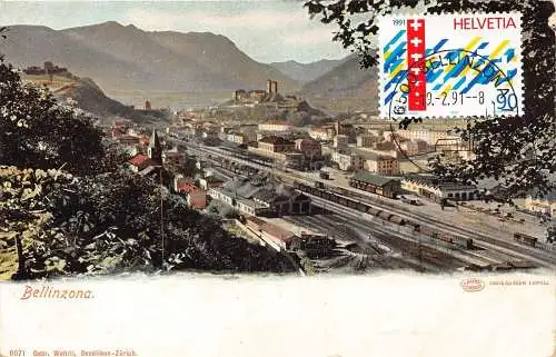 L300 Schweiz Bellinzona Panorama Bahnhof Ansicht Litho Vintage Postkarte