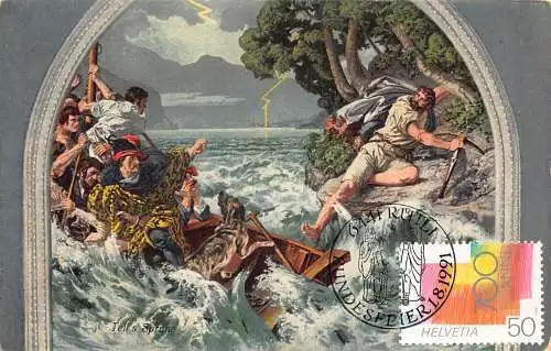L297 Schweiz Tell's Sprung Gemälde in Tellskapelle Boot Donner Postkarte
