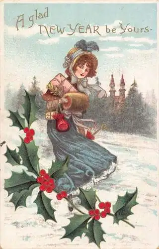 A052 Neujahr Elegante Frau Muffs hält Geschenke Schneemistelzweig Postkarte