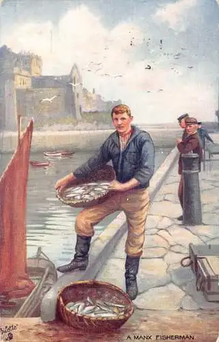 A051 Fischer 1910 A Manx Fischer Gemälde am Hafen Fischkorb Postkarte
