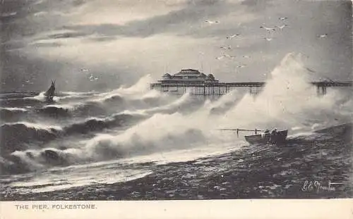A241 England 1908 The Pier Folkestone Waves Boot Möwen Kunst Vintage Postkarte