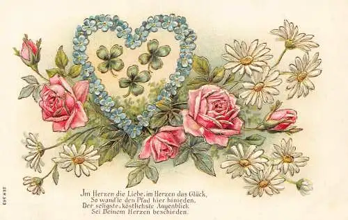 A244 Blumen Romantik Liebe Vergissmeinnicht Rosen Gänseblümchen Kleeblatt Prägepostkarte