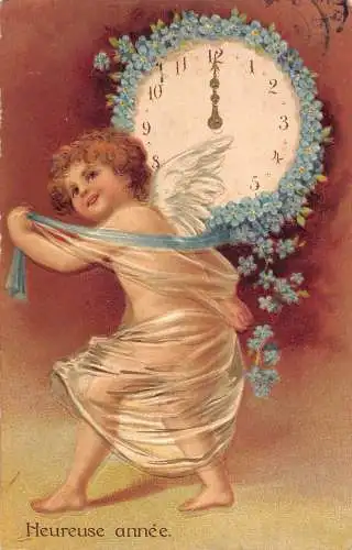L161 Neujahrsgrüße 1904 Cherub Blumenuhr geprägt Vintage Postkarte