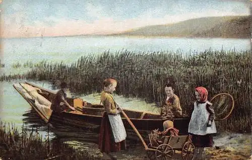 A051 Fischerboot 1904 Familie Fischer Baby im Wagen See Litho Postkarte