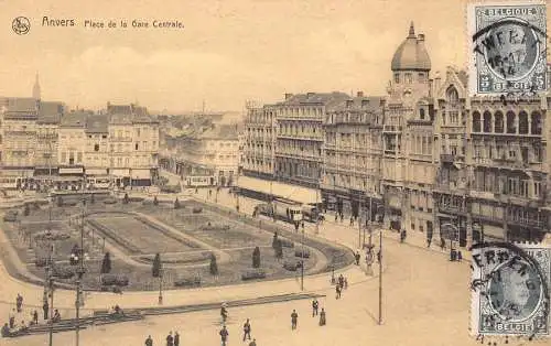 L133 Belgien 1923 Hauptbahnhof, Square Tram Anvers Vintage Postkarte