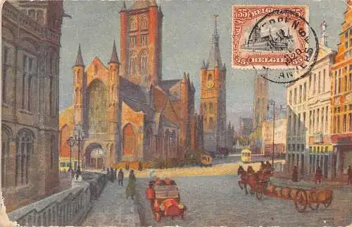 L133 Belgien 1920 Gent Kirche Saint Nicolas le Beffroi Kutsche Vintage Postkarte