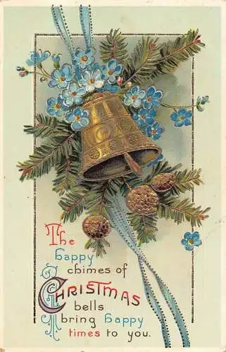 A054 Weihnachten Golden Bell Tannenzapfen Vergissmeinnicht Blumen Prägepostkarte