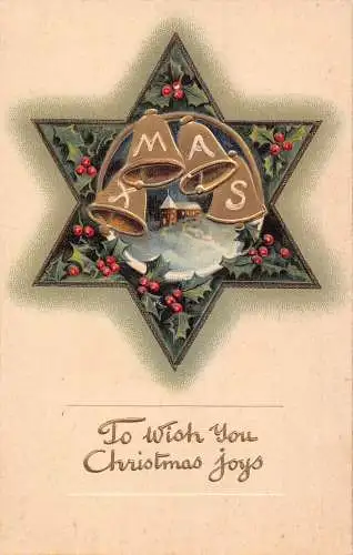 A054 Weihnachtsgrüße Mistelzweig XMAS Glocken Kirche im Schnee geprägt Postkarte