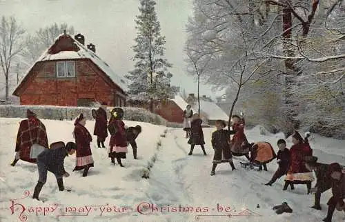 A053 Weihnachtsgrüße Schneekugeln Schlacht Kinder Haus Schnee Vintage Postkarte