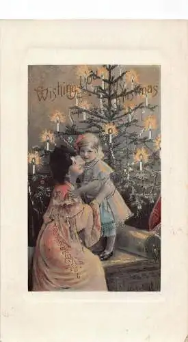 A054 Weihnachtsgrüße Mutter und Tochter Sofa Kerzen Baum Vintage Postkarte