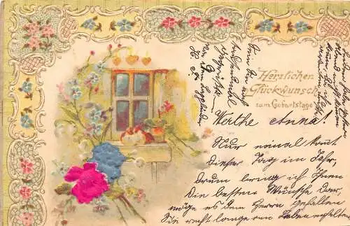 Geburtstagsgrüße Blumen Vergissmeinnicht Fenster Seidenrosen geprägt Postkarte