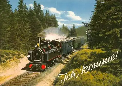 Deutschland Ich komme! Dampfzug im Eisenbahnwald Vintage Postkarte