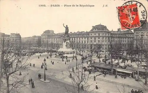 Frankreich 1913 Paris Place de la Republique Statue Markt Vintage Postkarte