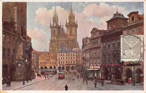 L141 Tschechien 1921 Prag Tynsky Kostel Straßenbahn Geschäft St Kynzl Kutsche Postkarte