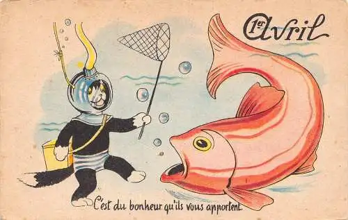 L162 Aprilscherz Taucher Katze fangen Riesenfische surreale Comic Postkarte