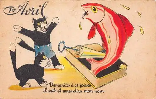 L162 Aprilscherze Katzen Riesen Sardinenfische surreale Comic Postkarte