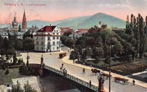 A060 Deutschland 1915 Freiburg i Br Friedrichs Brücke Waggons 1. Weltkrieg Feldpostkarte