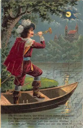 Mondscheinlandschaft Musketier spielt Trompete in Boot Burg geprägte Postkarte
