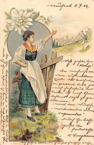Bäuerin winkt Mann Berg Edelweiß Blume 1902 geprägte Postkarte