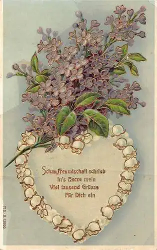 Gruß 1909 Liliac Blumenzweig Maiglöckchen Herz Prägepostkarte