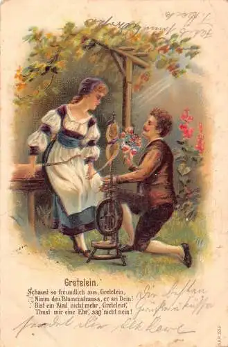 Frau dreht Whool Mann in Knien bietet Rosenstrauß 1905 geprägte Postkarte