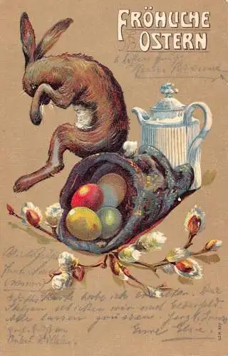 L405 Ostergrüße 1906 Humanisierter Hase Teekanne Füllhorn Eier Embo Postkarte