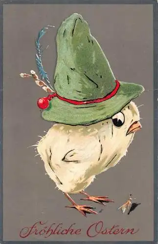 L405 Ostergrüße 1927 Humanisiertes Küken ausgefallener Hut Fliege Vintage Postkarte
