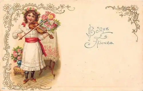 L175 Neujahrsgrüße Mädchen spielt Geige Blumen geprägte Litho Postkarte