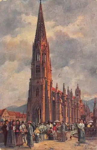 L164 Deutschland 1919 Freiburg im Breisgau Kirche und Marktplatz Vintage Postkarte