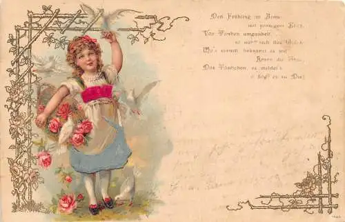 L175 Grüße 1902 Mädchen Korb Blumen Tauben Seidenkleid geprägt Litho Postkarte