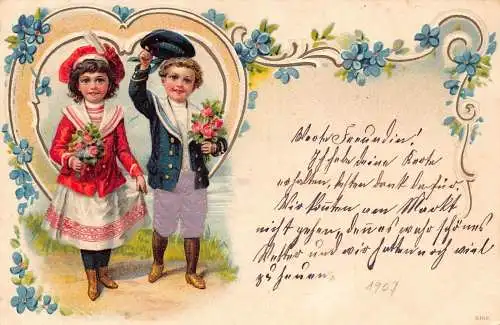 L175 Grüße 1907 Kinder Vergissmeinnicht Blumen Rose geprägt Litho Postkarte